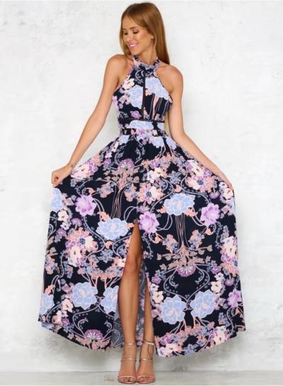 Oasap Off Shoulder Sleeveless Backless Floral Maxi Boho Dress