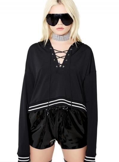 Oasap Casual Long Sleeve Striped Hem Hooded Sweatshirt