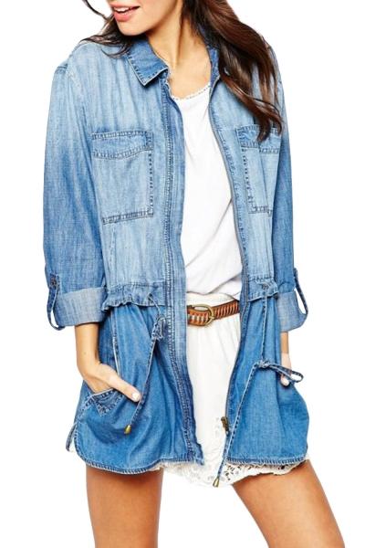 Oasap Women Slant Pocket Long Sleeve Tie Waist Denim Coat