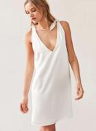 Oasap White V Neck Lace-up Dress