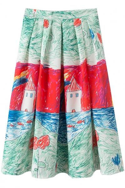 Oasap Fancy Castle Graffiti Print Pleated Swing Skirt