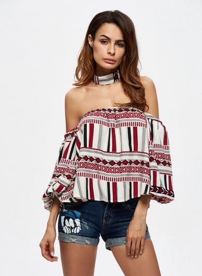 Oasap Geometric Print Slash Neck Blouse
