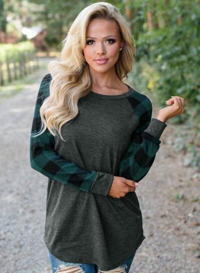 Oasap Round Neck Long Plaid Sleeve Knit Tee Shirt