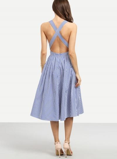 Oasap Spaghetti Strap Cross Back Striped Dresses