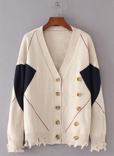 Oasap V Neck Geometrical Double Breasted Ripped Cardigan Sweater
