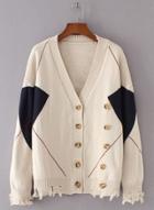 Oasap V Neck Geometrical Double Breasted Ripped Cardigan Sweater