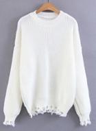 Oasap Round Neck Long Sleeve Broken Hole Solid Color Sweater