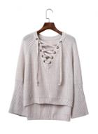 Oasap V Neck Lace Up Hollow Out Knit Sweater