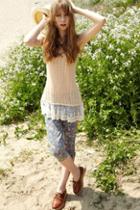 Oasap Sweet Blue Floral Printing Cropped Knee-length Jeans