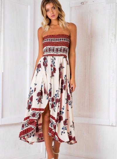 Oasap Strapless Floral Printed Slit Midi Dress