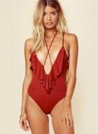 Oasap V Neck Ruffle Solid One Piece Slim Fit Swimsuit