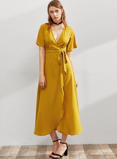 Oasap V Neck Short Sleeve Split Maxi Dress