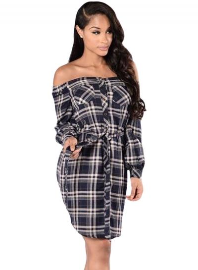 Oasap Button Down Off Shoulder Plaid Shirt Dress With Belt