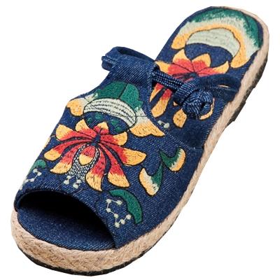 Oasap Peep Toe Slip-on Embroidery Flat Slippers