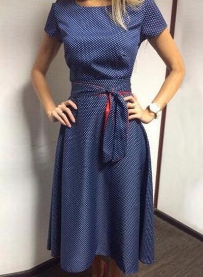 Oasap Vintage Tie Waist Short Sleeve Round Neck Dress With Polka Dots