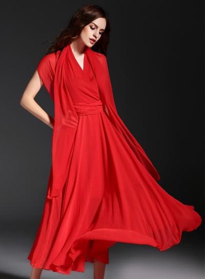 Oasap Boho V Neck Sleeveless Solid Chiffo Maxi Dress