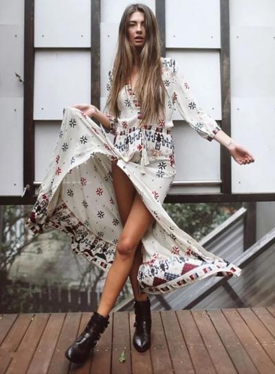 Oasap V Neck Pattern Print High Slit Maxi Dress