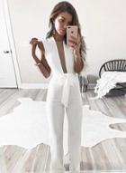 Oasap V Neck Sleeveless Lace-up Solid Color Jumpsuit