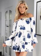Oasap Flare Sleeve Off Shoulder Floral Print Mini Dress