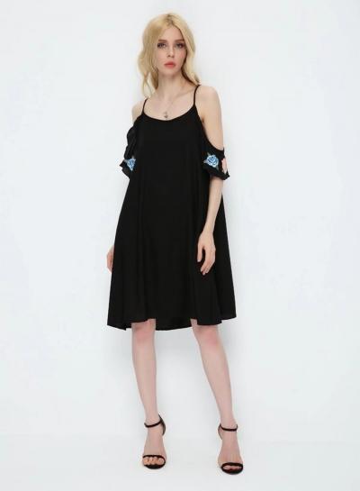 Oasap Spaghetti Strap Off Shoulder Floral Embroidery Short Sleeve Dress