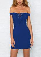 Oasap Solid Color Slash Neck Off Shoulder Lace Up Bodycon Dress