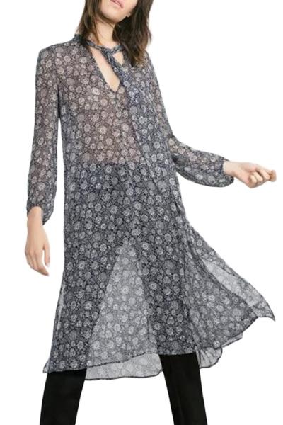 Oasap Women's Long Sleeve Floral Print Side Slit Shirt Dress