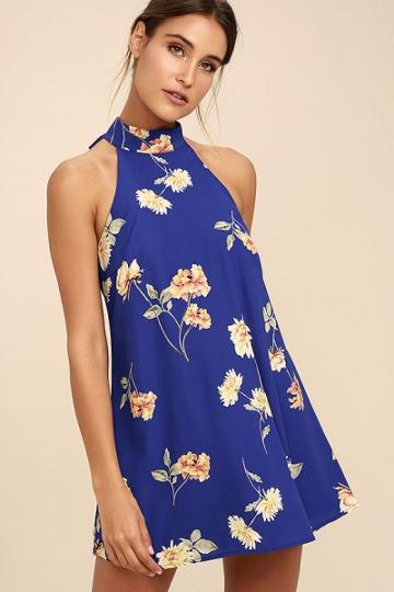 Oasap Summer Floral Printed Sleeveless Halter Lace-up Bow Backless Mini Dress