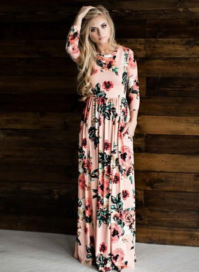 Oasap Plus Size Long Sleeve Floral Printed Maxi Dress