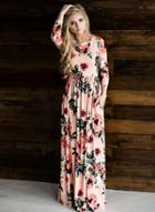 Oasap Plus Size Long Sleeve Floral Printed Maxi Dress