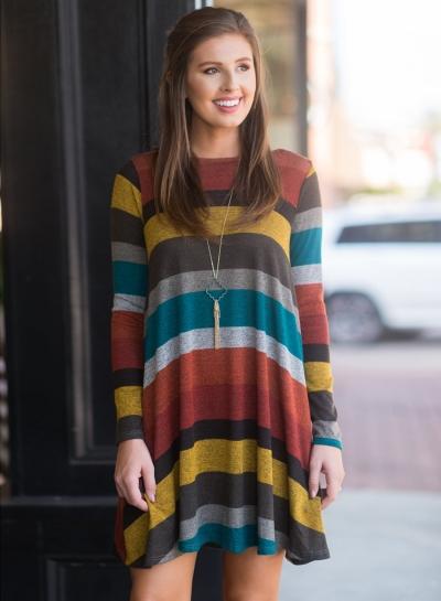 Oasap Round Neck Long Sleeve Striped Printed Pullover Dress