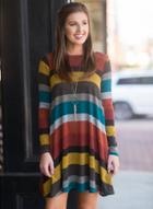 Oasap Round Neck Long Sleeve Striped Printed Pullover Dress