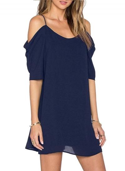 Oasap Spaghetti Strap Off Shoulder Short Sleeve Solid Dress