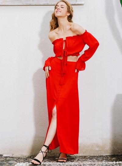 Oasap Solid Off Shoulder Crop Tops And Wrap Maxi Dress Mtching Sets