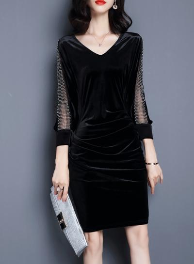 Oasap V Neck Three Quarter Length Sleeve Solid Color Midi Dress