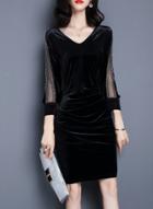 Oasap V Neck Three Quarter Length Sleeve Solid Color Midi Dress