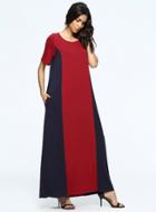 Oasap Casual Short Sleeve Color Block Loose Maxi Dress