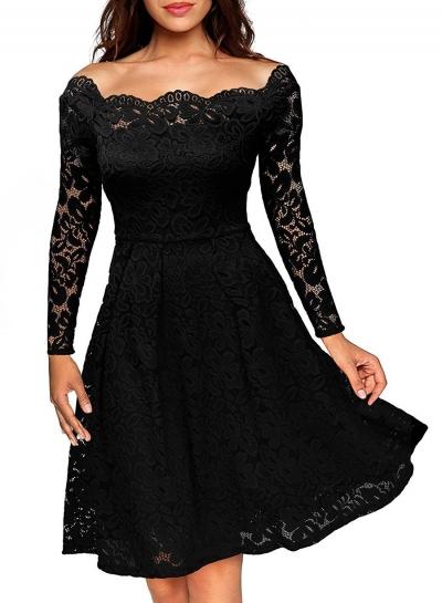 Oasap Off Shoulder Long Sleeve A-line Lace Dress