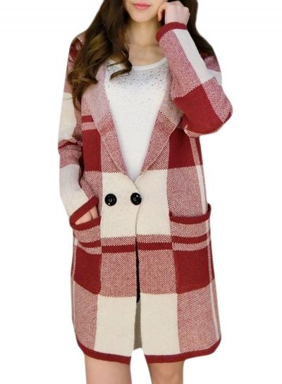 Oasap Women's Long Sleeve Plaid Double Breasted Knitted Sweater Cardigan