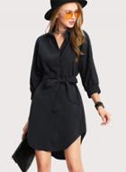 Oasap Turn Down Collar Long Sleeve Solid Color Dress