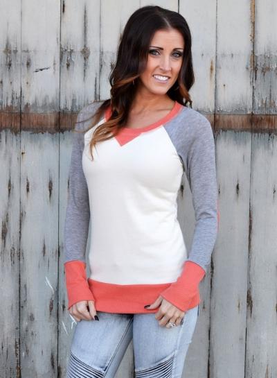 Oasap Round Neck Long Sleeve Color Block Tee Shirt