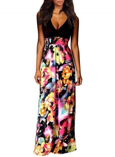 Oasap Women's V Neck Sleeveless High Waist Floral Print Maxi Dress