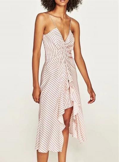 Oasap Striped V Neck Spaghetti Strap Asymmetrical Dress