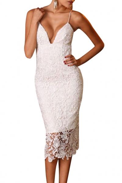 Oasap Spaghetti Straps White Lace Midi Dress