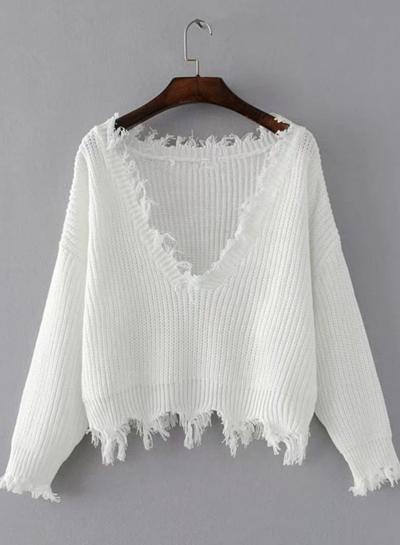 Oasap Deep V Neck Long Sleeve Solid Color Irregualr Sweater