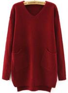 Oasap V Neck High Low Loose Sweater With Pocket