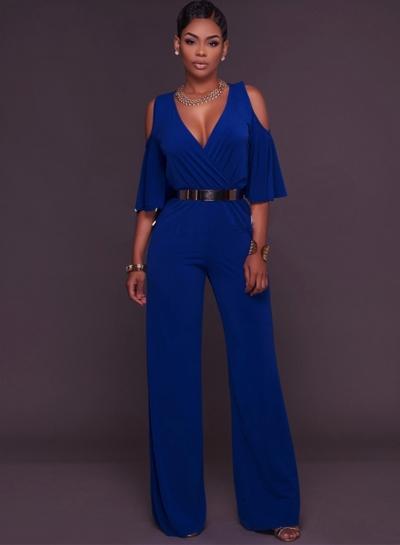 Oasap Deep V Neck Off Shoulder Ruffle Sleeve Jumpsuit