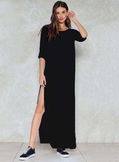 Oasap Solid Half Sleeve Slit Loose Fit Maxi Dress