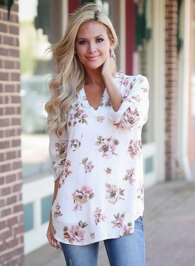 Oasap V Neck Long Sleeve Floral Pullover Loose Blouse