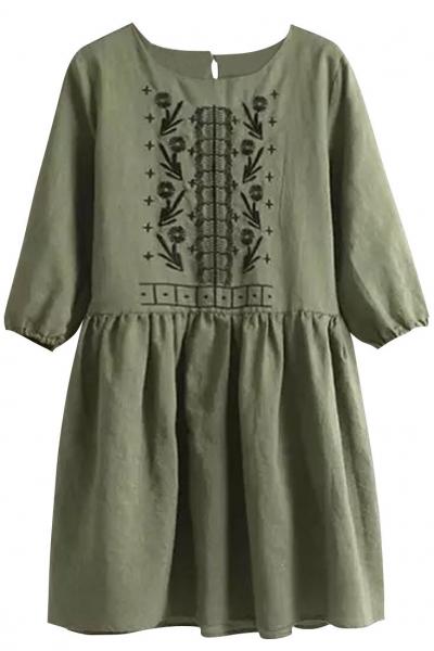 Oasap Olive Green Pleated Linen Peasant Dress