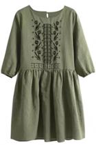 Oasap Olive Green Pleated Linen Peasant Dress